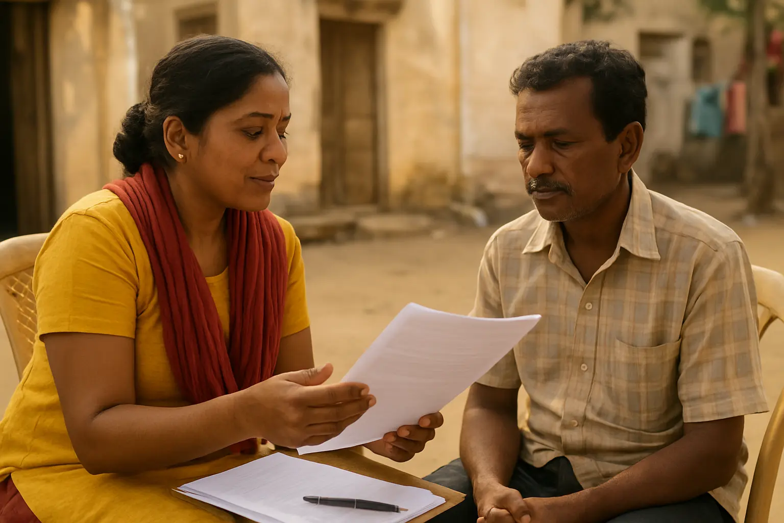 Researcher explaining a participant information sheet and consent form to a research participant in India