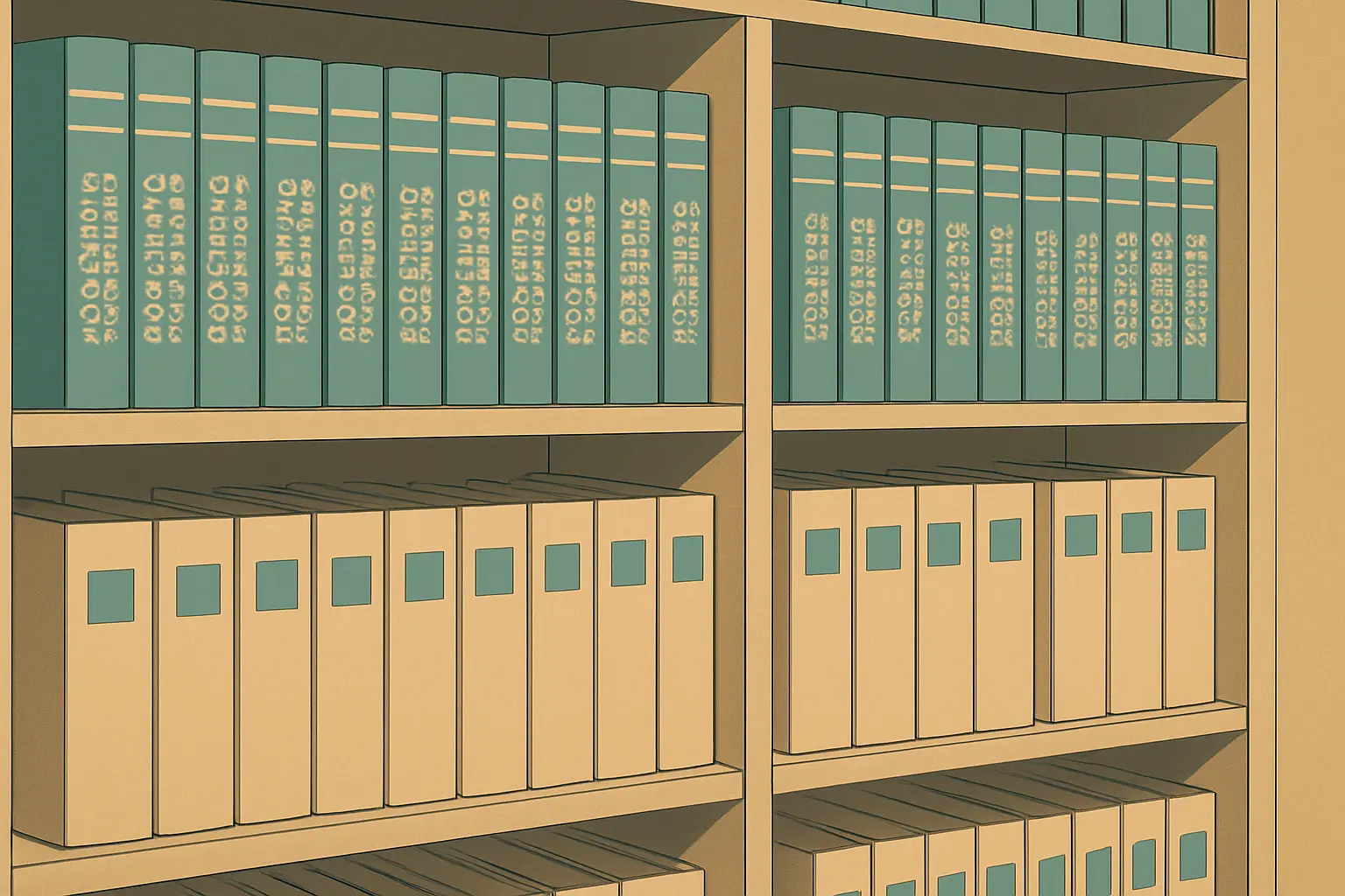 Shelves of labelled statistical volumes in an archive