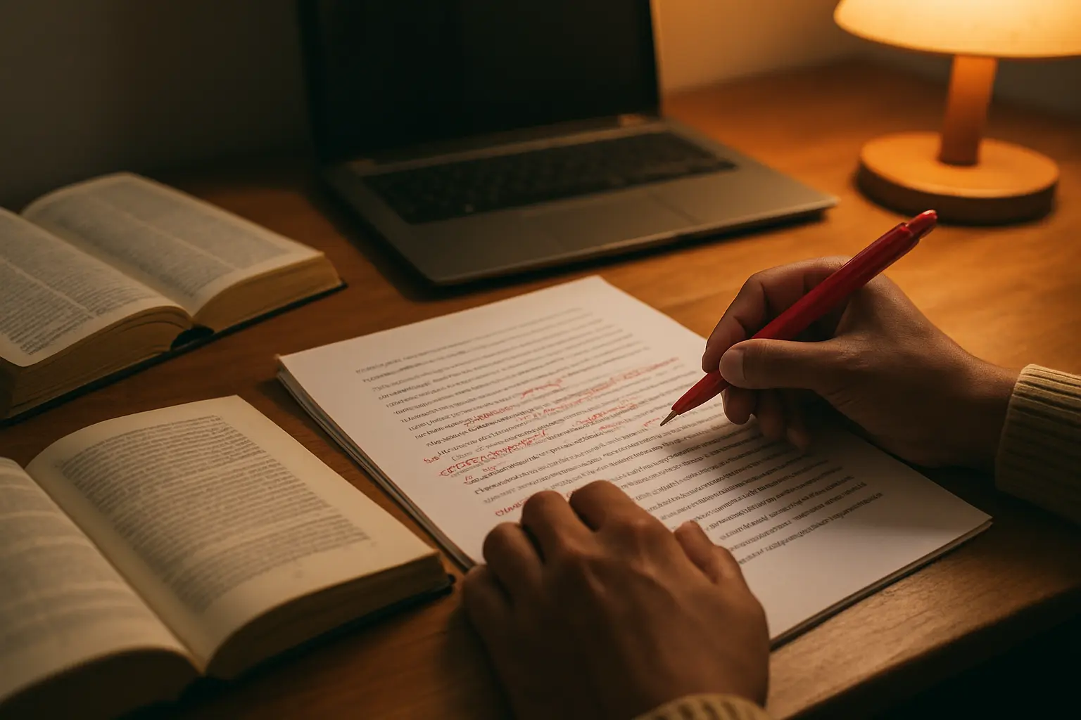 Research scholar marking up a printed thesis chapter with a red pen at a desk in an Indian university