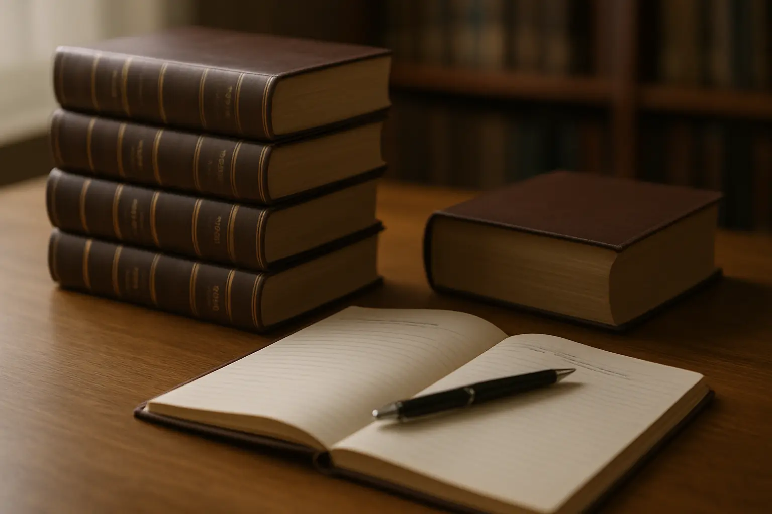 Stack of Indian law reports and a statute book on a library table with an open notebook of dissertation chapter headings