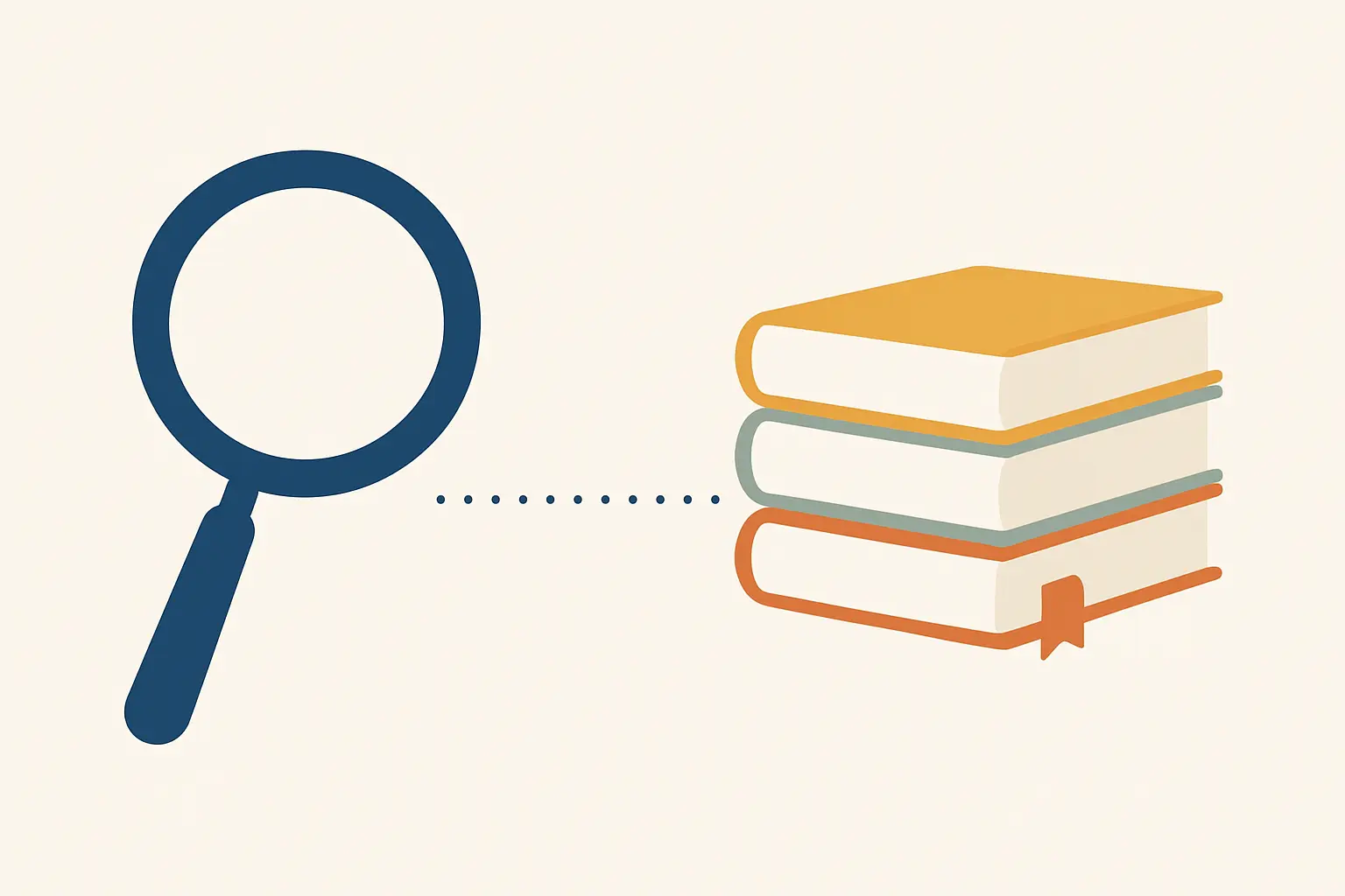 Illustration of a magnifying glass linked by a dotted line to a stack of bound law report volumes, representing finding a case in a search engine and citing it from the report