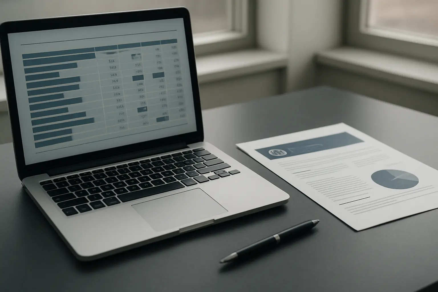 Laptop showing an official statistics table beside a printed report