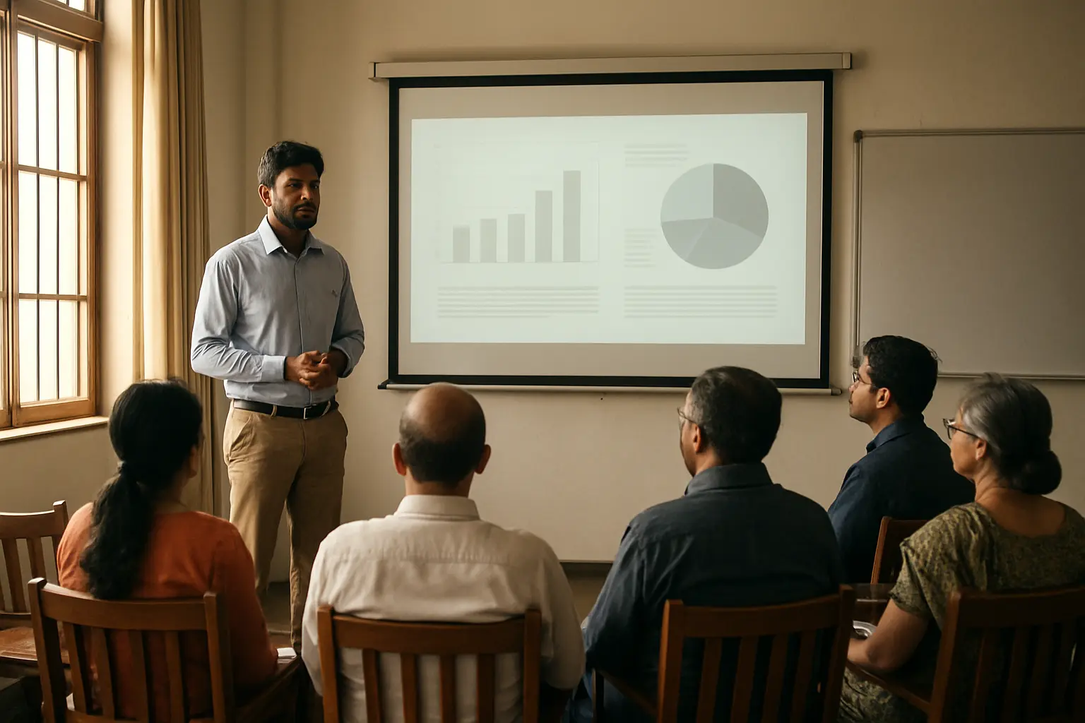Research scholar presenting to faculty and scholars at a PhD pre-submission presentation in an Indian university seminar room