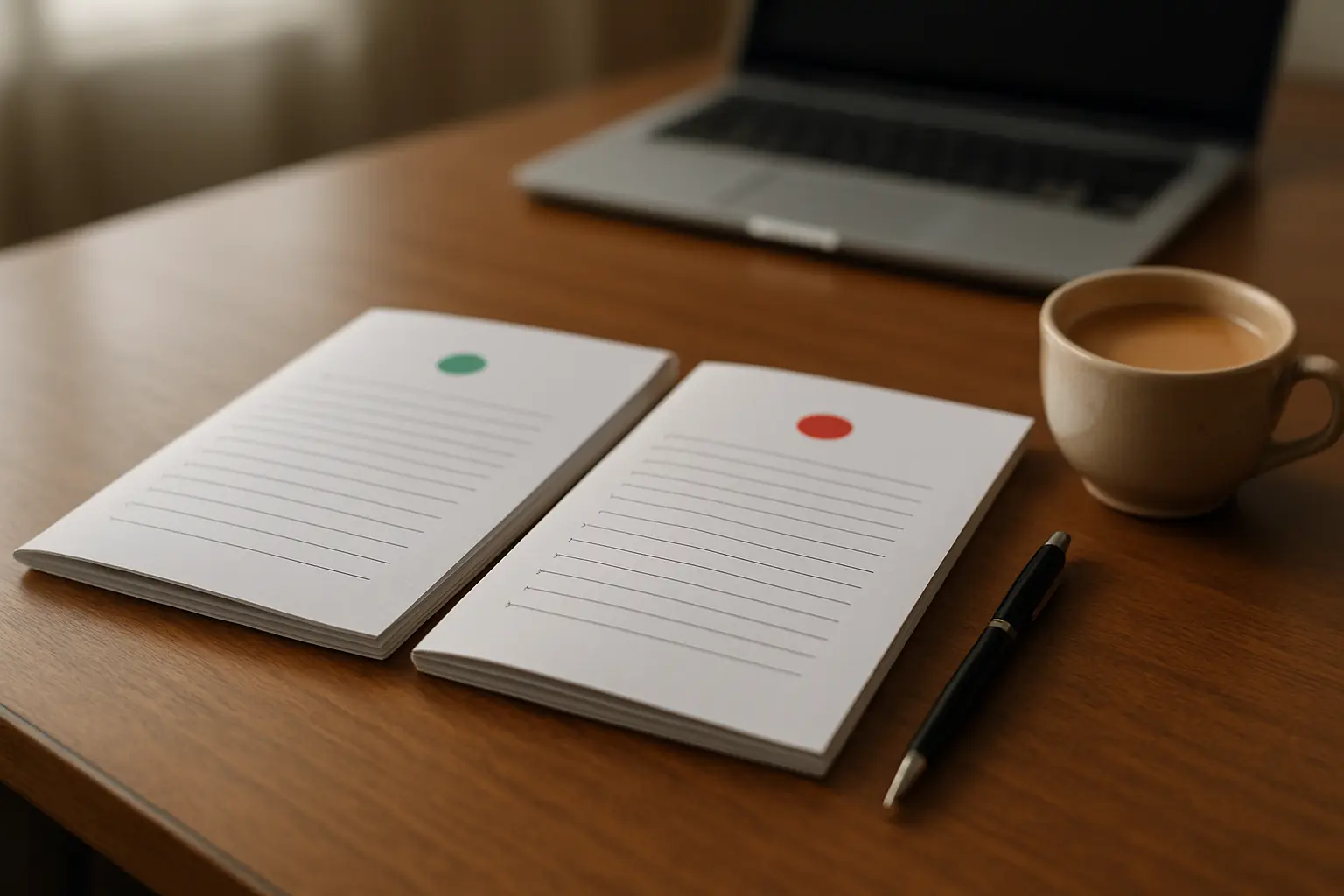Two questionnaire booklets side by side on a desk, one marked free and one requiring a licence, with a pen and a coffee cup