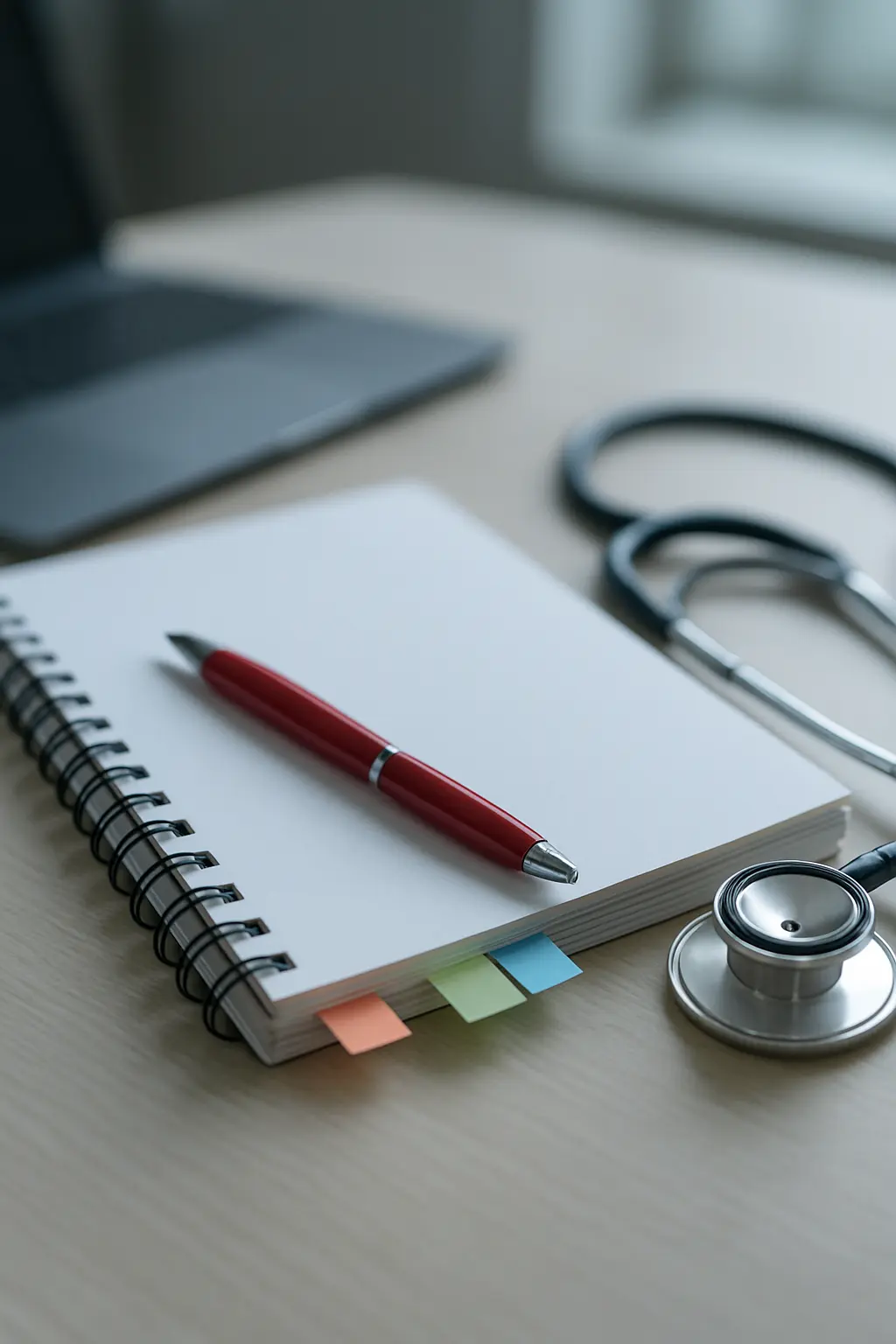 Spiral-bound thesis protocol marked with coloured sticky flags and a red pen on a hospital seminar-room table
