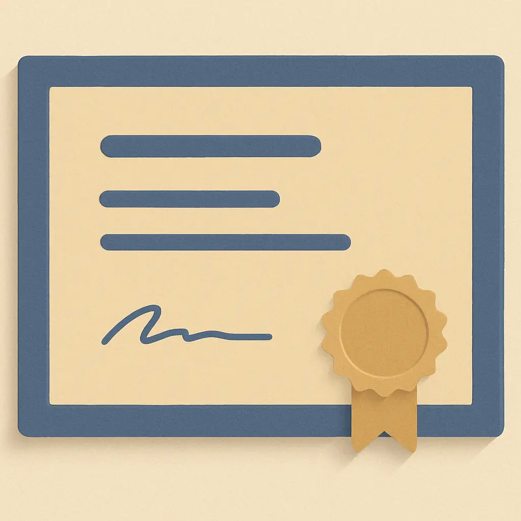 Stylised certificate page with a signature line and seal representing the supervisor certificate required with a thesis