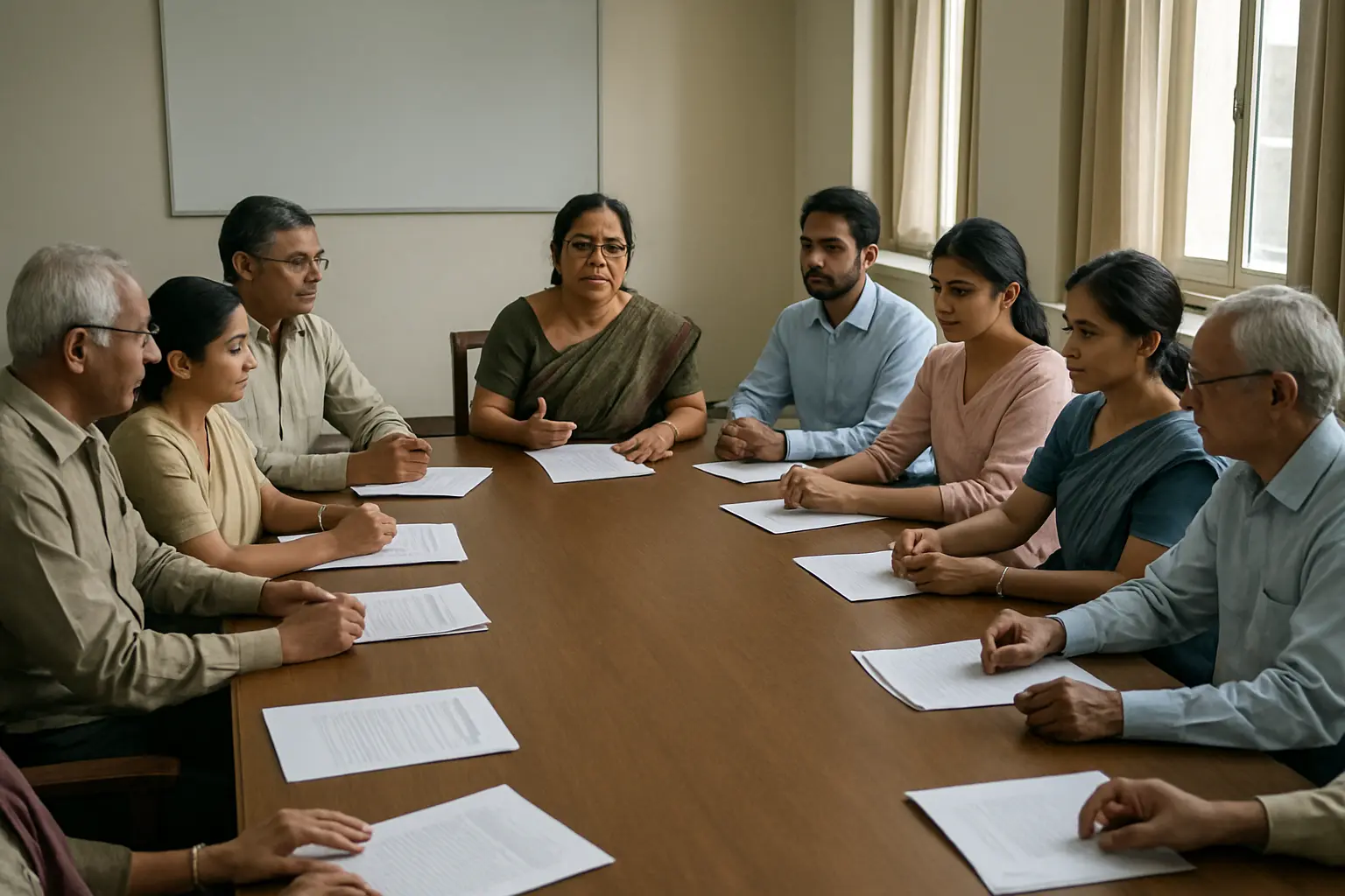 Members of an institutional ethics committee reviewing printed research proposals around a boardroom table in an Indian university