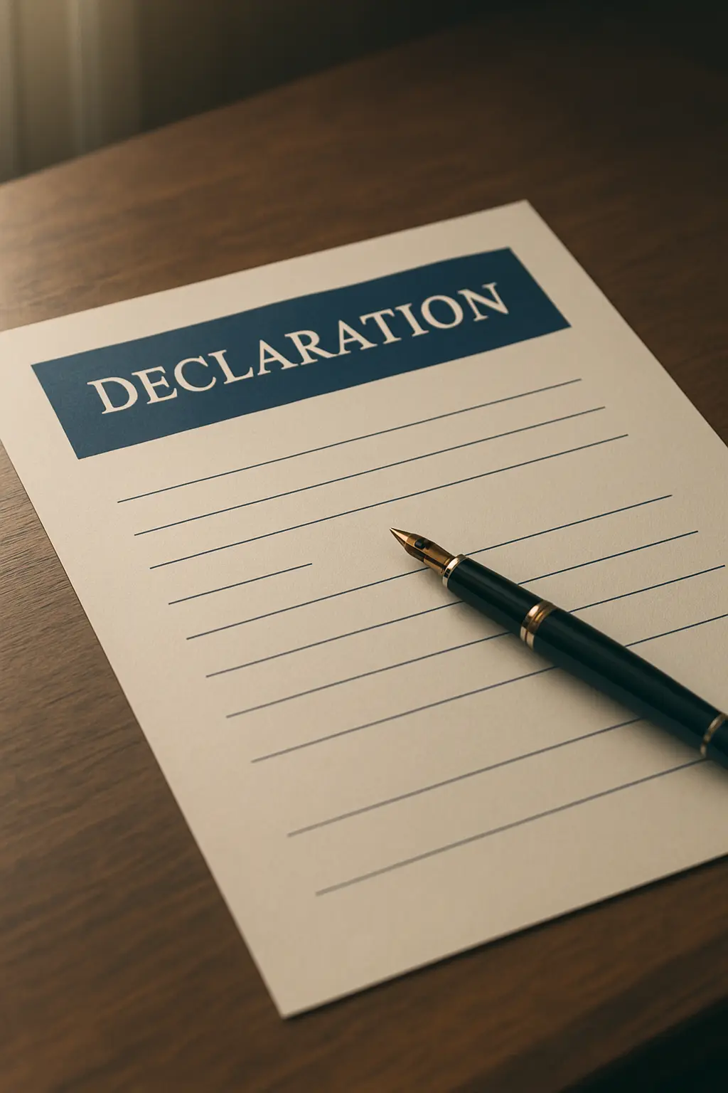 Signed undertaking form on a desk with a pen