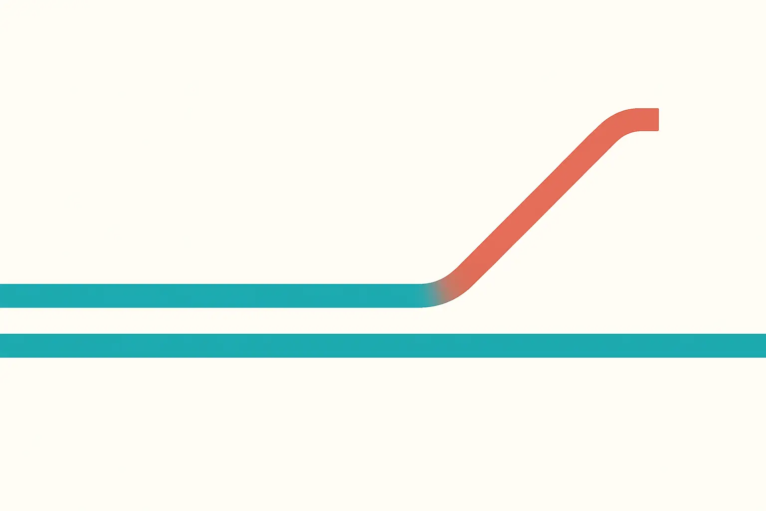 Abstract illustration of two lines converging then one diverging away