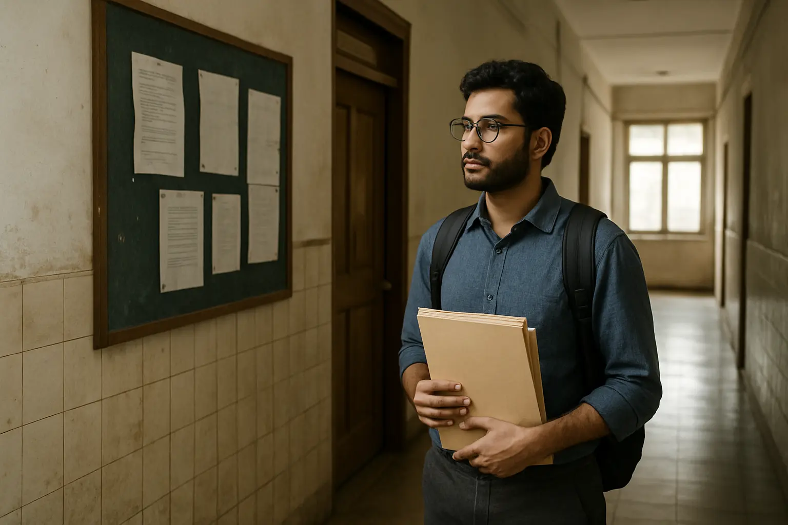 Research scholar waiting with a folder of forms outside a departmental office in an Indian university