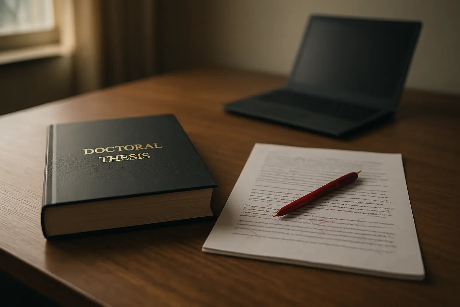 Bound PhD thesis beside a much shorter printed manuscript on a desk with editing notes