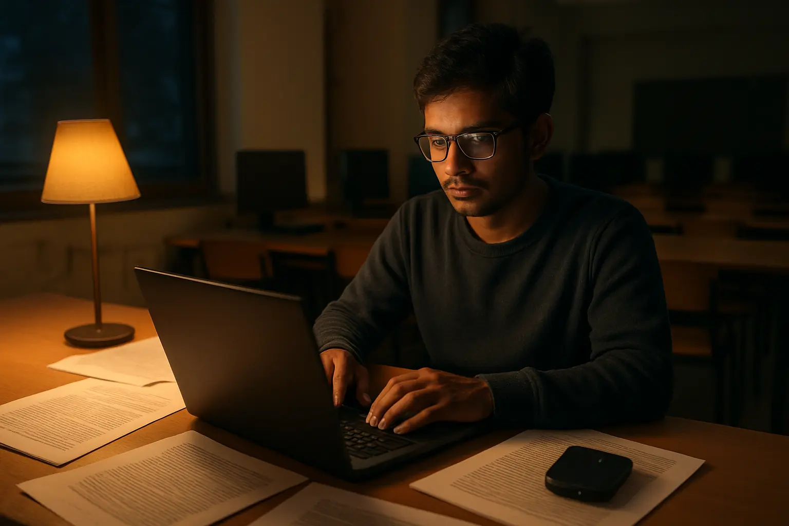 Postgraduate student writing a thesis on a laptop in an Indian university computer lab at night