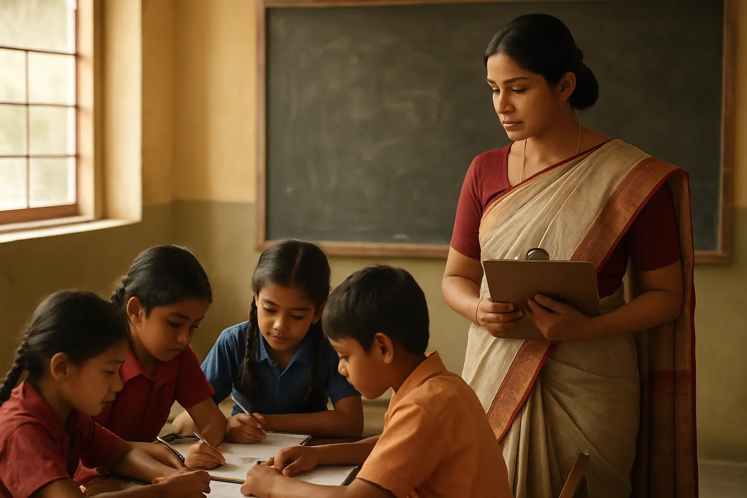 B.Ed trainee teacher with a clipboard observing pupils at a shared desk in an Indian school classroom during an action research project