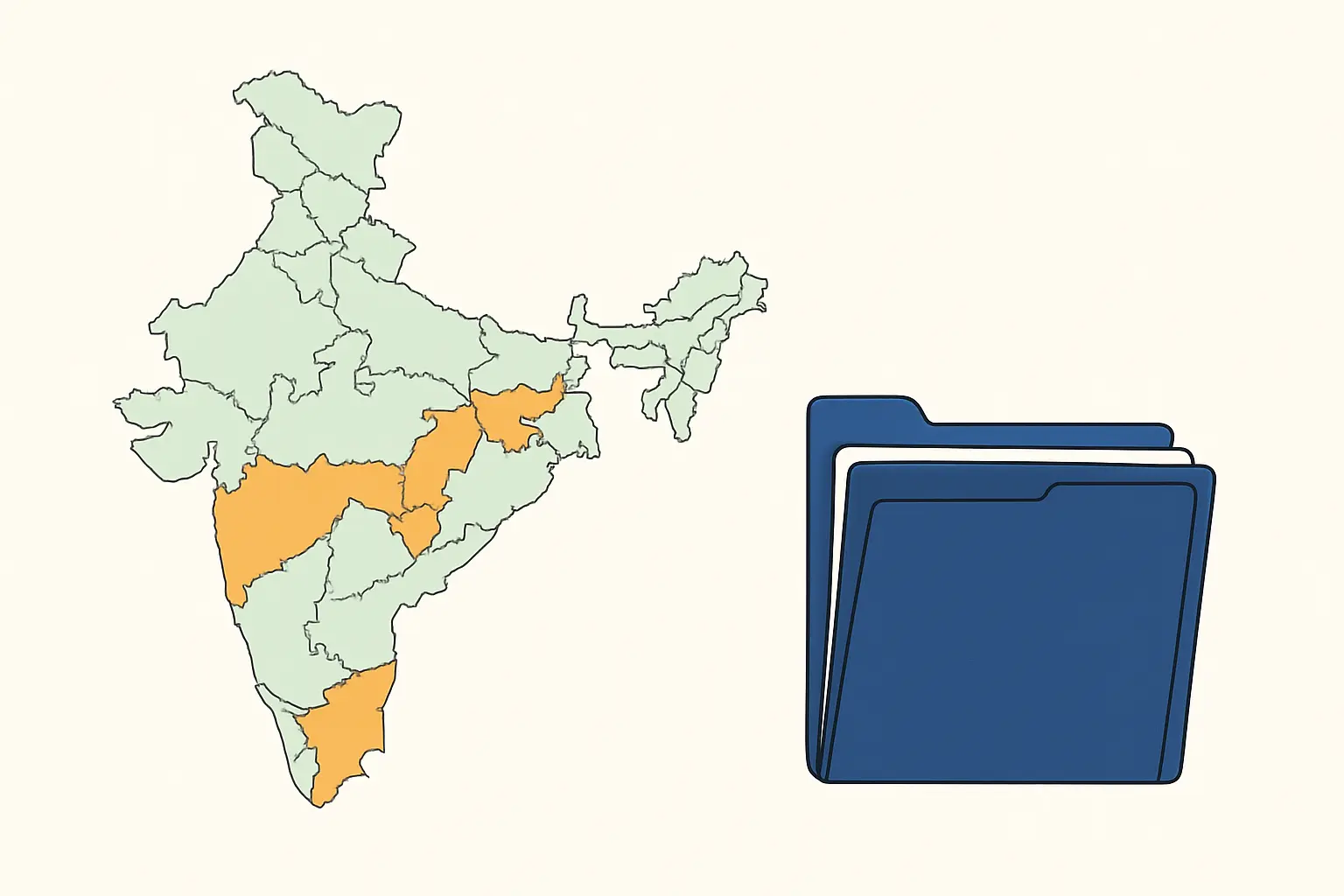 Stylised map of India divided into district outlines with a few districts shaded, beside a stack of data files
