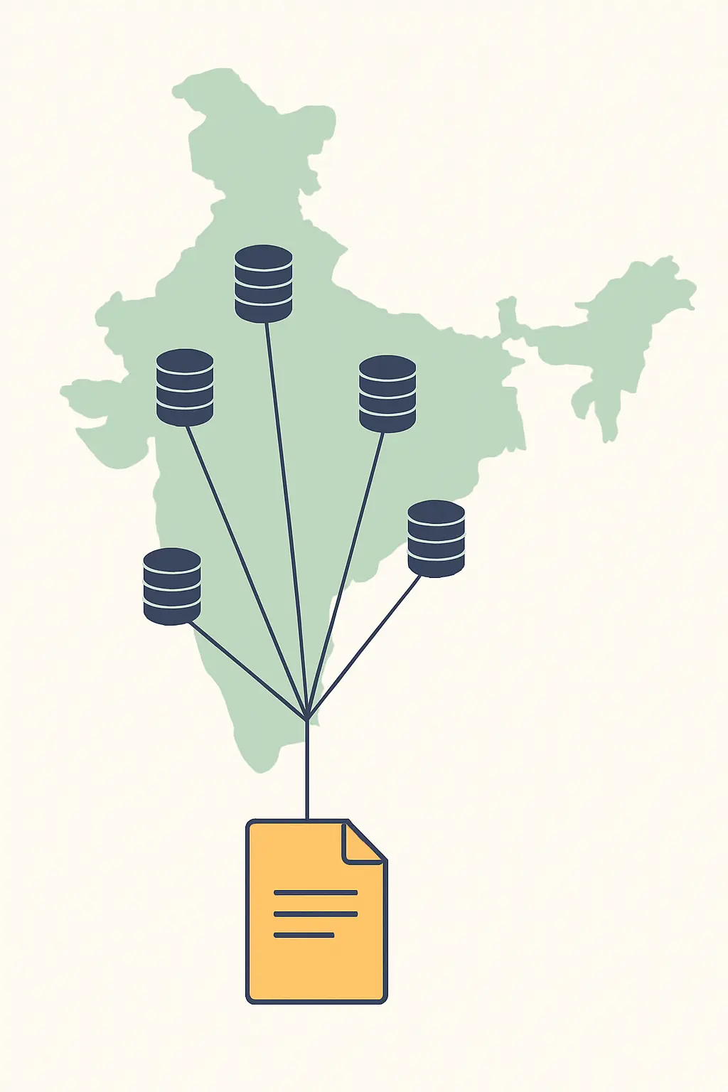 Stylised map of India with six database icons connected to a single document, representing Indian public datasets feeding an M.Tech thesis