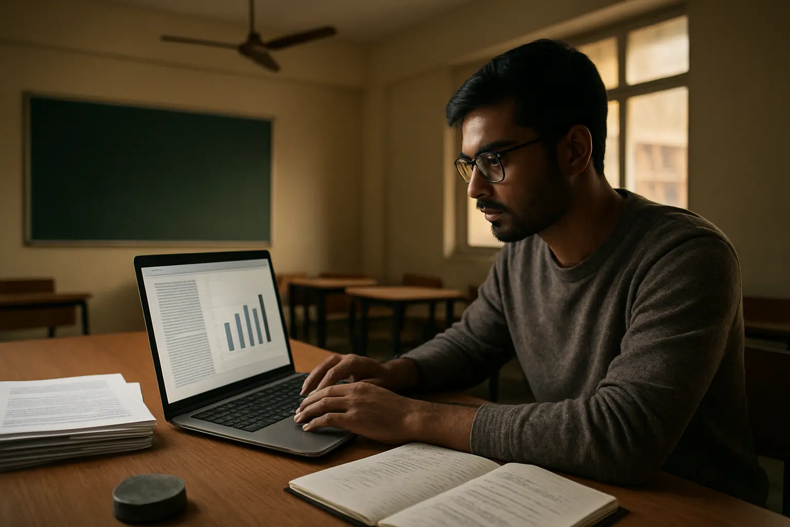 Researcher analysing a large corpus of abstracts on a laptop with a notebook of tallies beside it