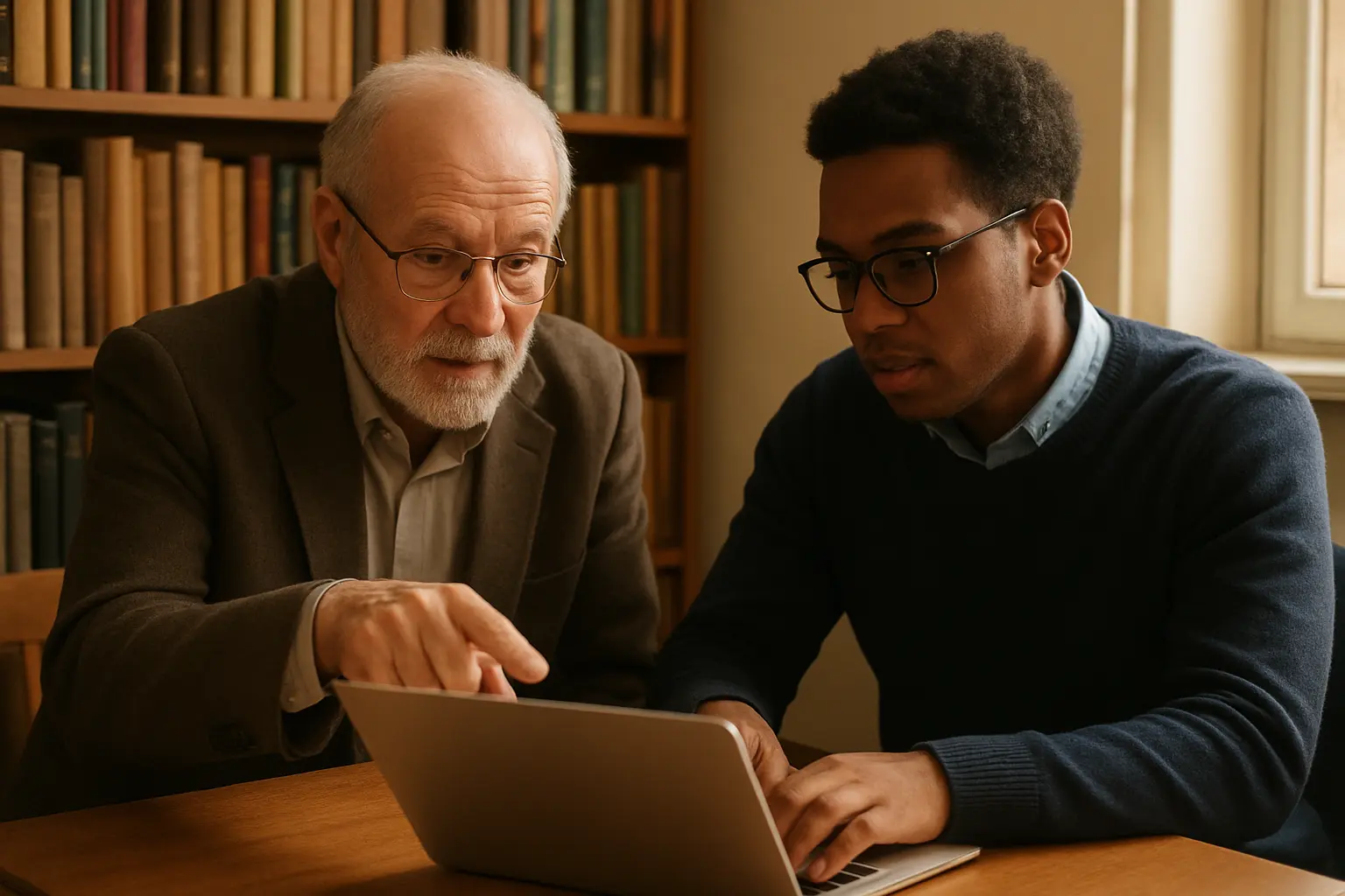 Supervisor and doctoral scholar reviewing a pre-submission presentation slide deck on a laptop