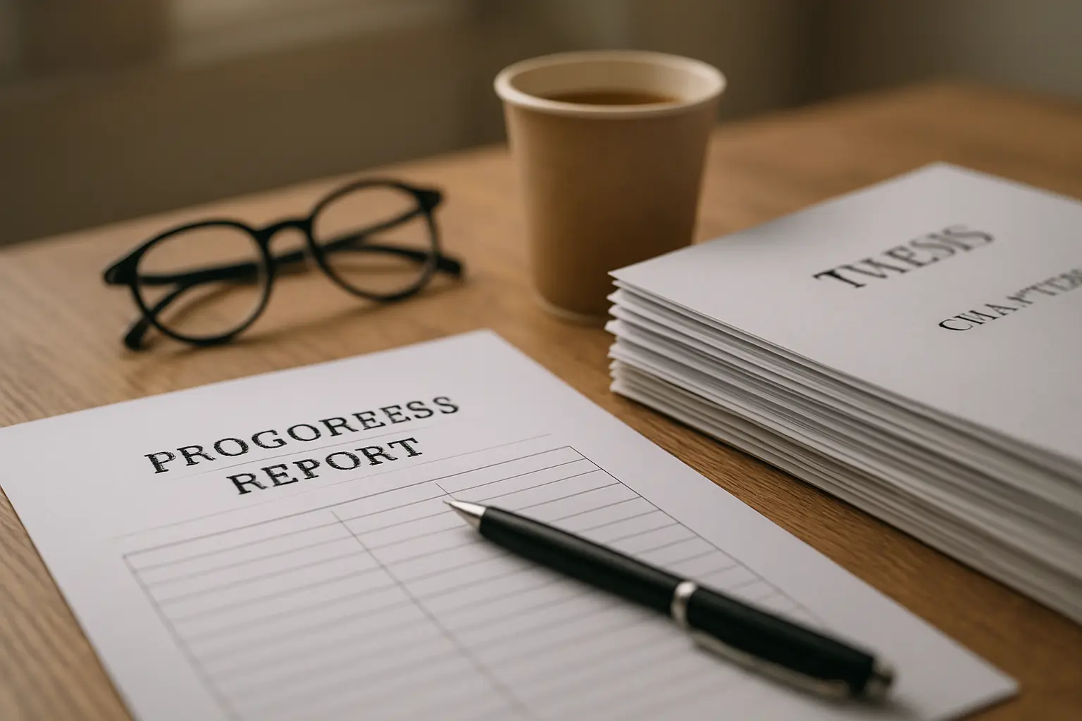 Printed progress report and thesis chapter drafts on a departmental table before a research advisory committee meeting