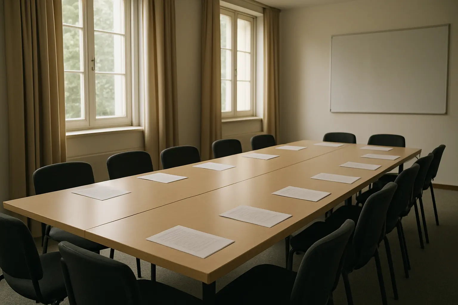 Meeting room table set for a doctoral committee review