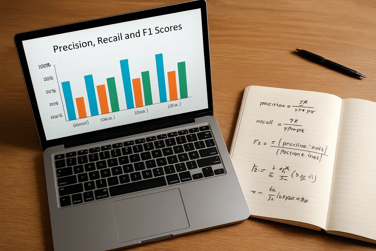 Laptop screen showing a bar chart comparing precision, recall and F1 scores across model classes
