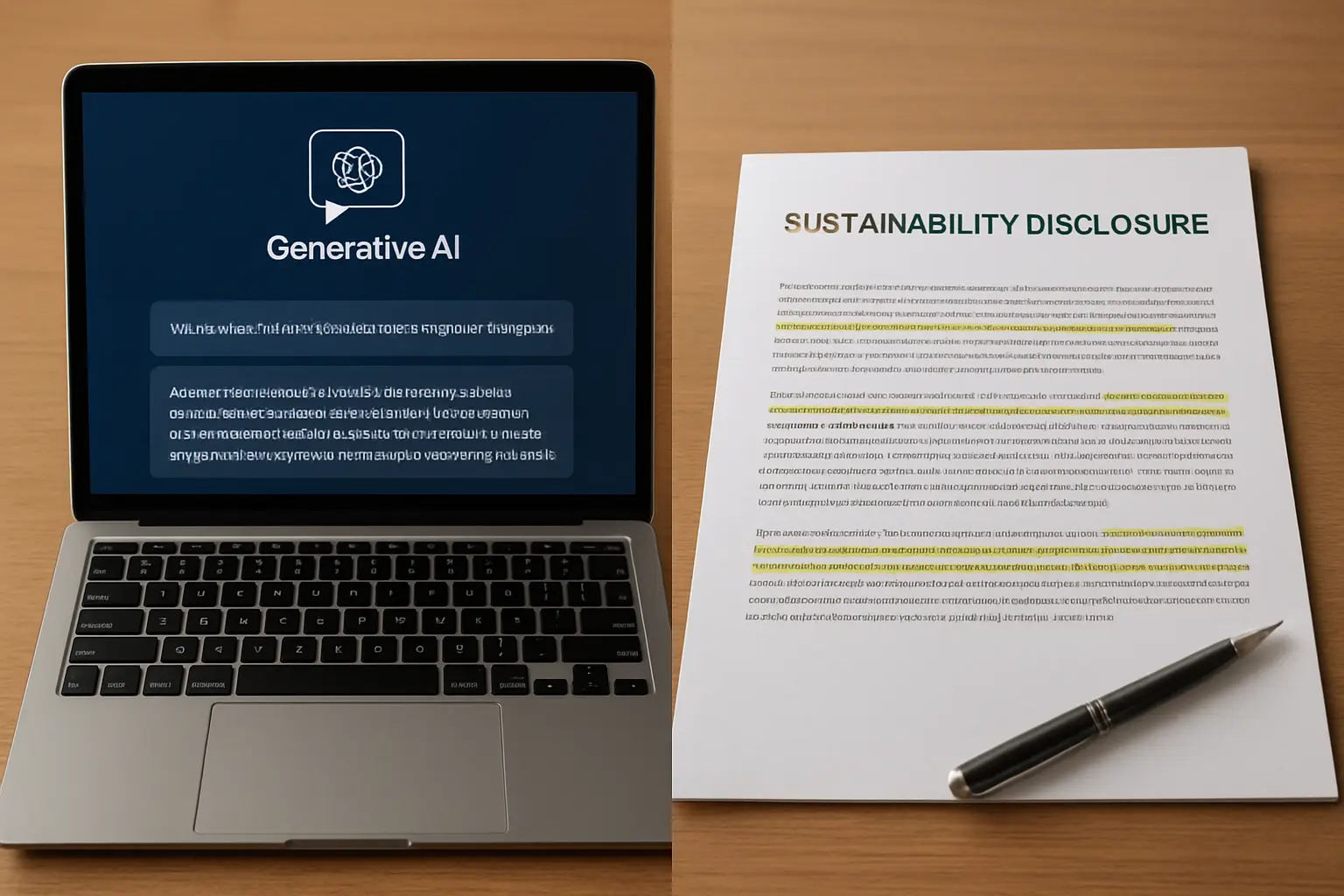 A split desk scene: a laptop with a generative AI interface on one side, a printed sustainability disclosure report on the other