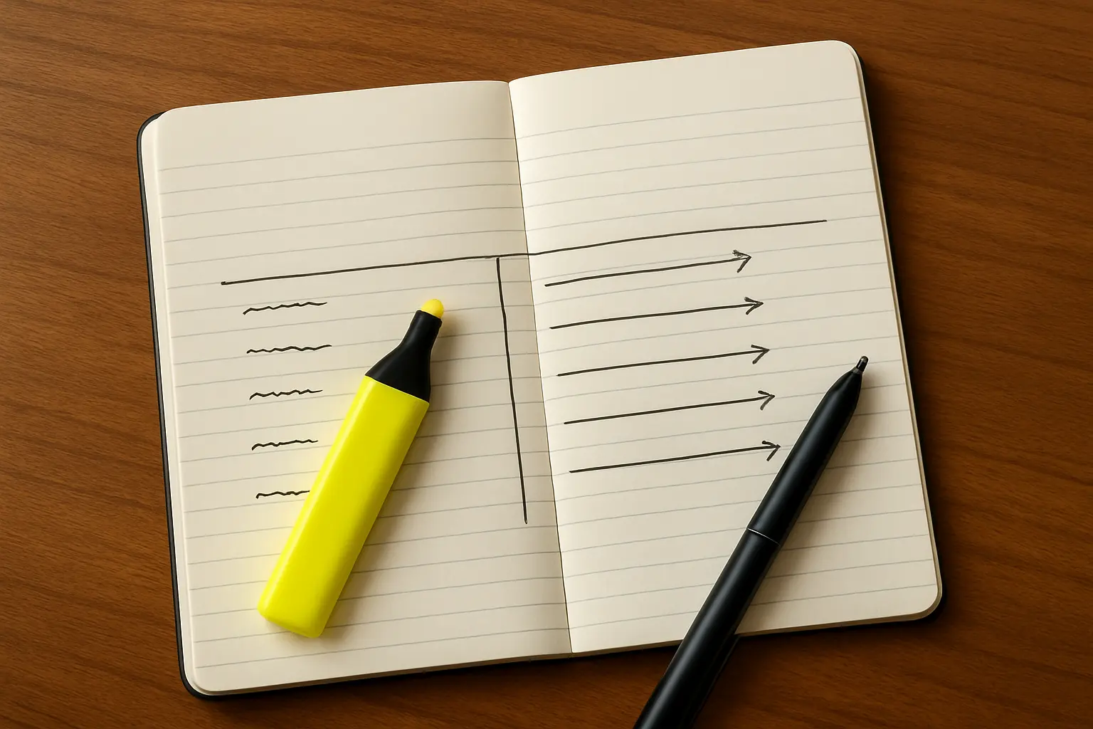 A handwritten two-column notebook table with arrows mapping each entry to a matching method
