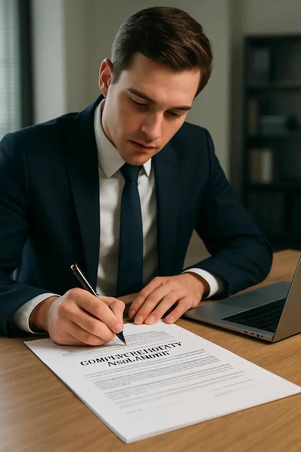 Business student reviewing a confidentiality agreement document at a desk