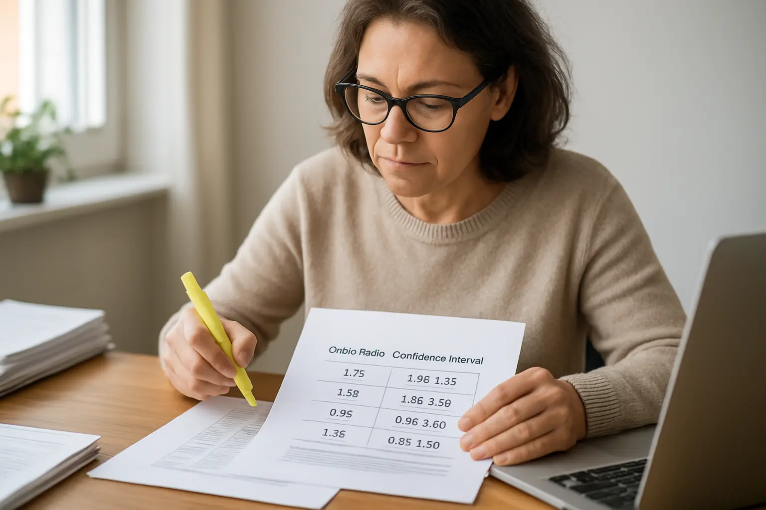 A public health researcher reviewing printed odds-ratio and confidence-interval tables with a highlighter