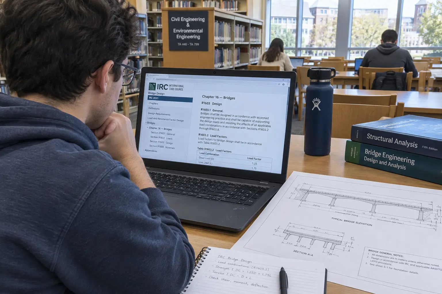 A civil engineering student checking an IRC design code reference for a bridge design chapter