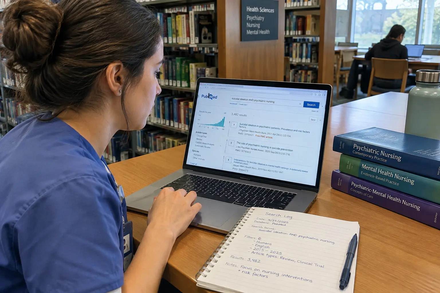 A psychiatric nursing student searching a literature database and keeping a written search log