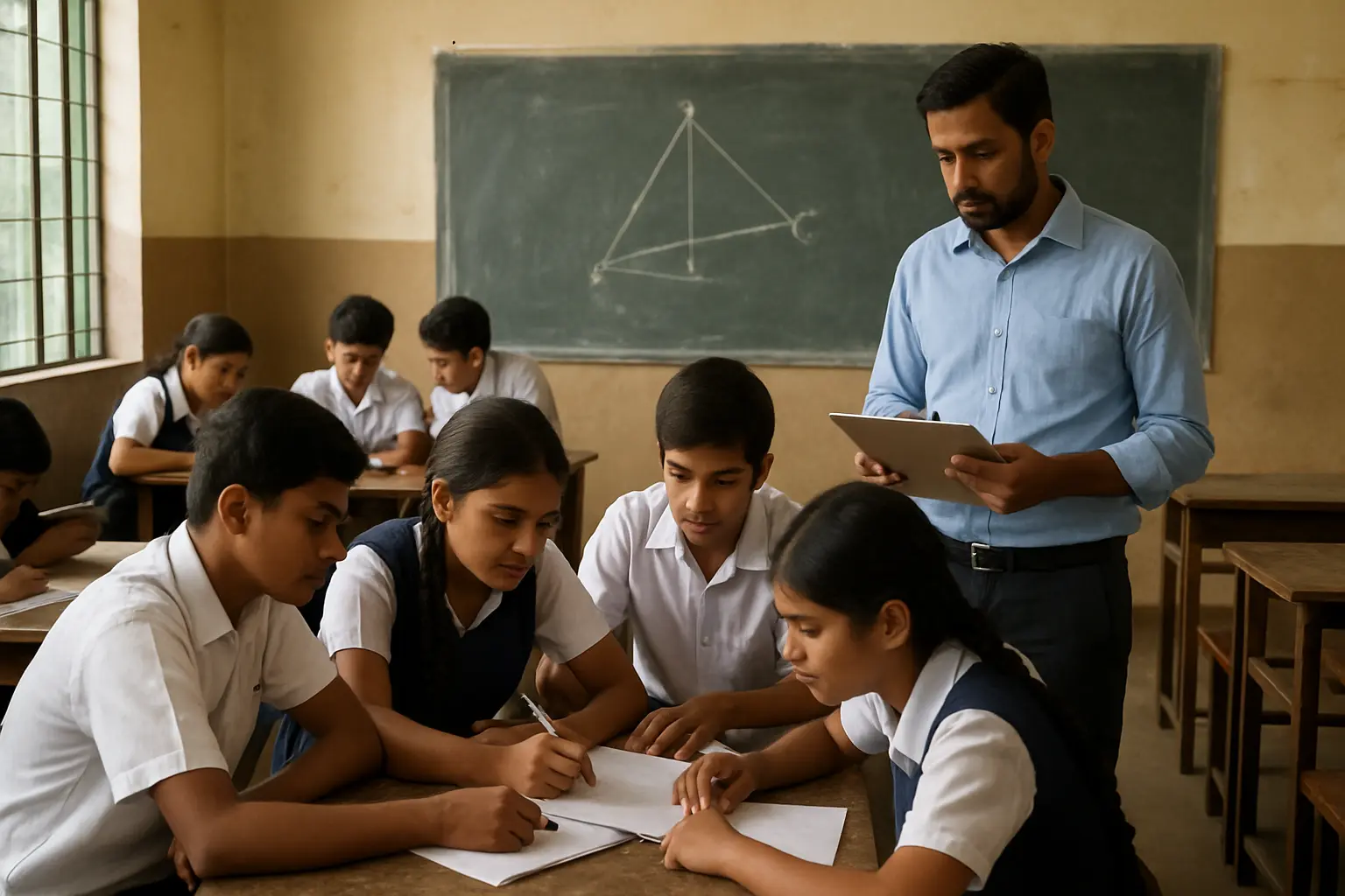 A teacher-researcher observing students in small groups during a flipped-classroom mathematics lesson, India
