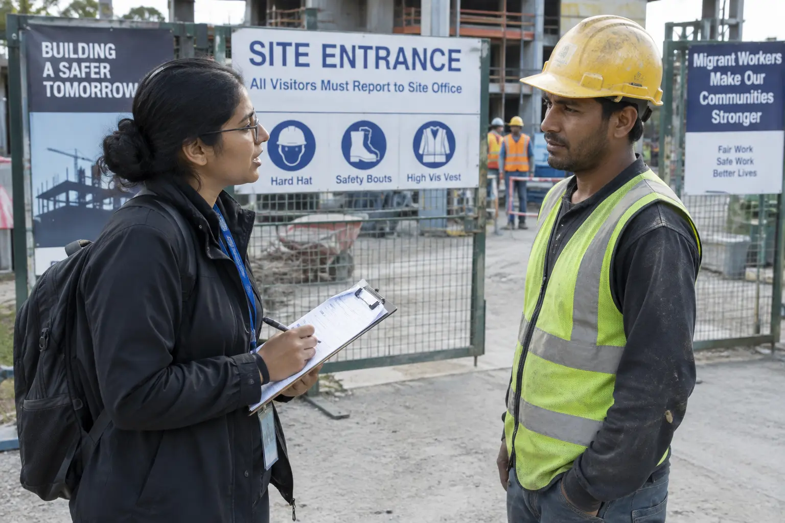A public health researcher interviewing a migrant worker with a printed survey form at a work site