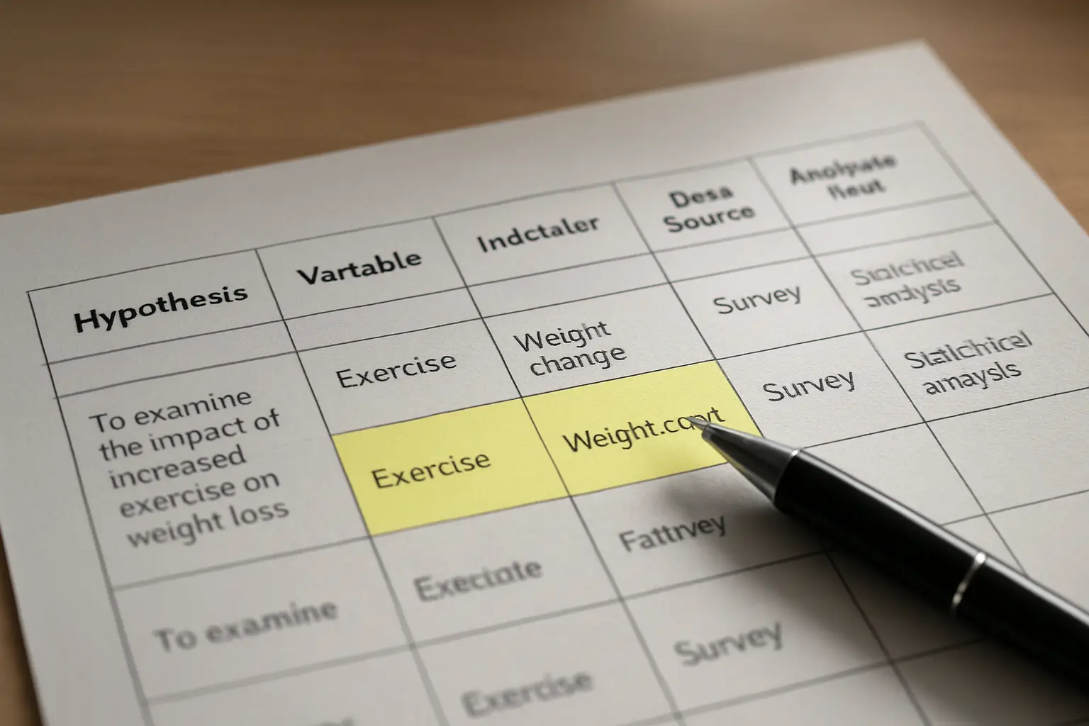 Close-up of a six-column MBA dissertation operationalisation table being reviewed with a highlighter