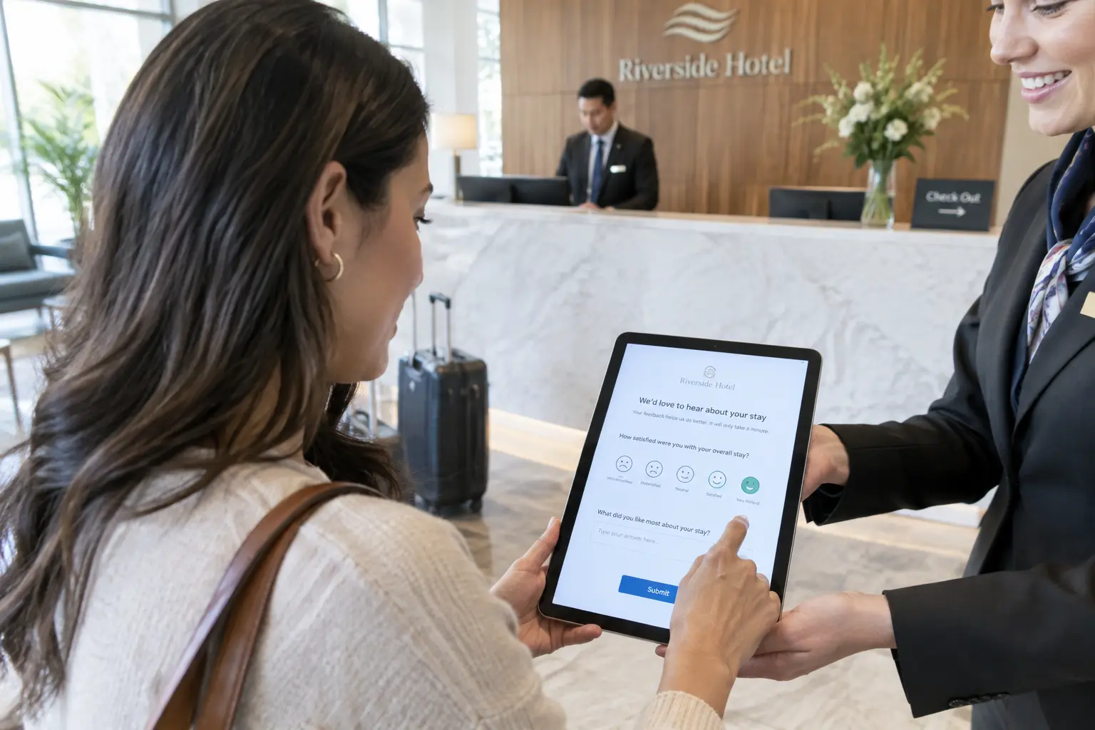 A hotel guest filling out a service-quality survey on a tablet at a front desk