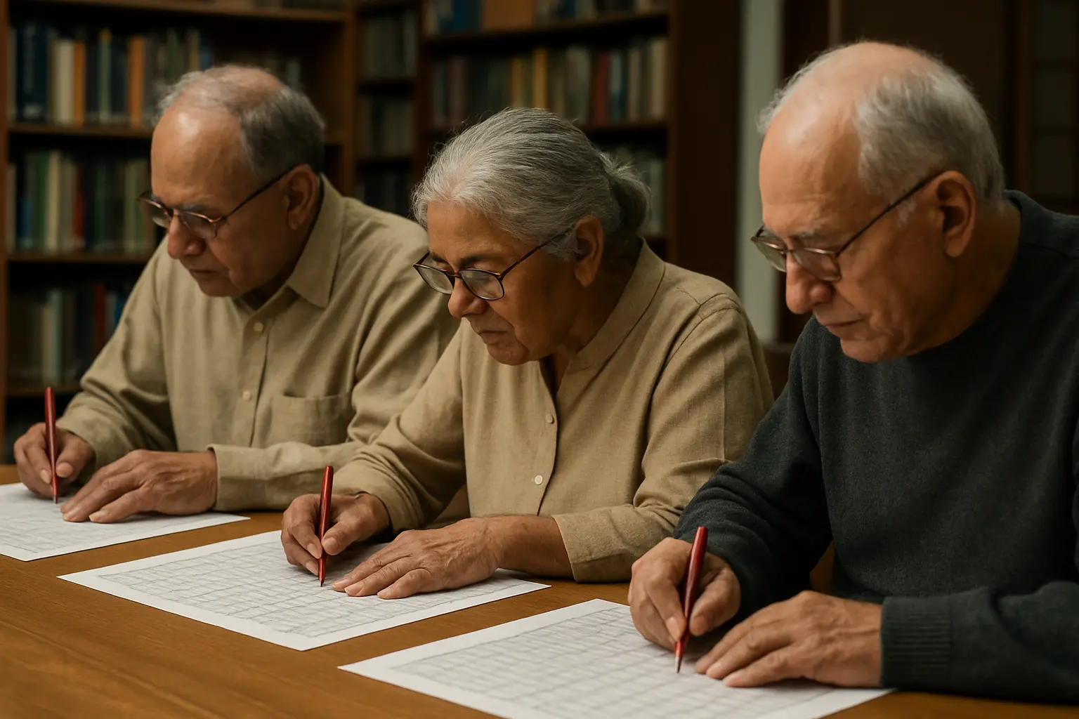 Three senior academics reviewing and rating printed item sheets around a table