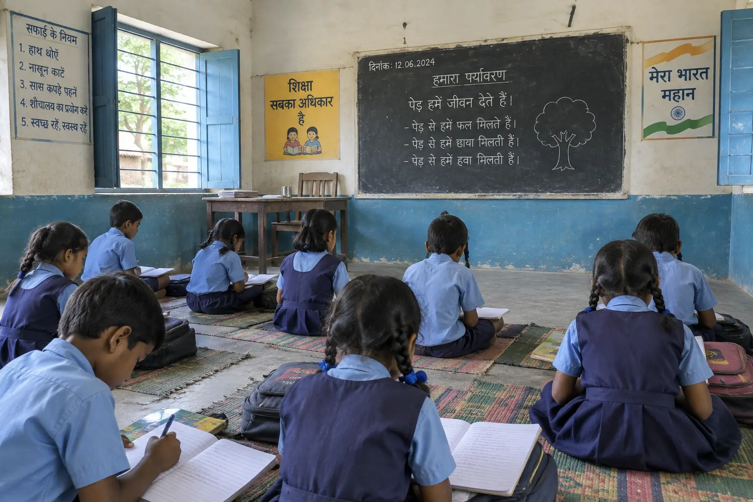 Children studying inside a rural government school classroom in India