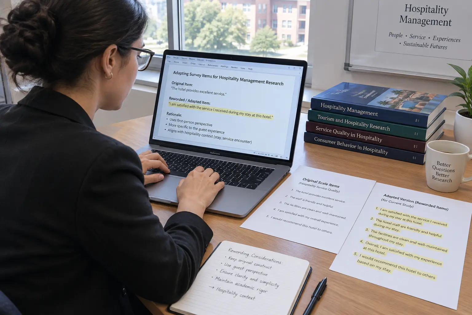 A researcher adapting a service-quality questionnaire for a specific hotel setting on a laptop