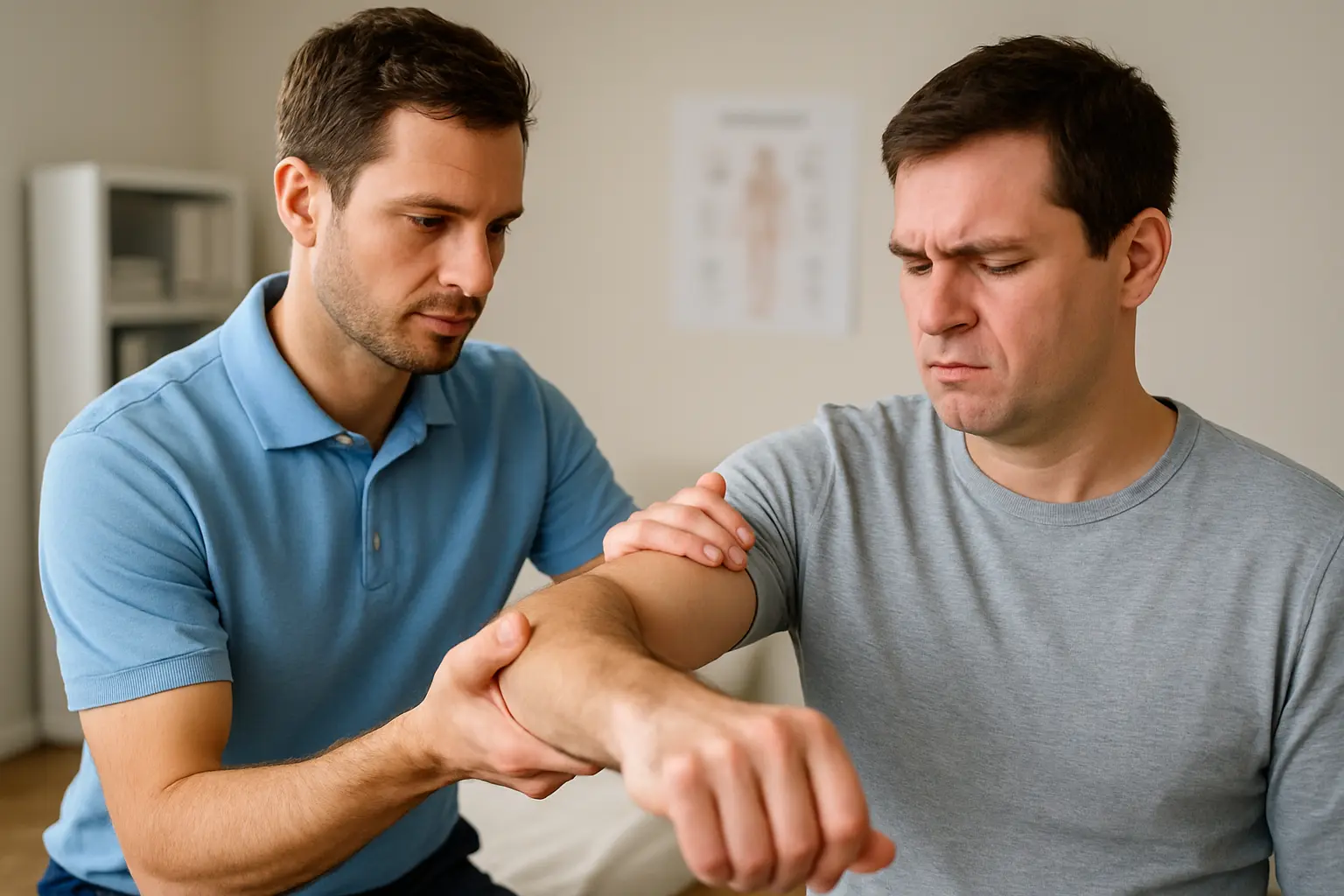 Physiotherapist testing arm resistance during a spasticity assessment in a clinical setting