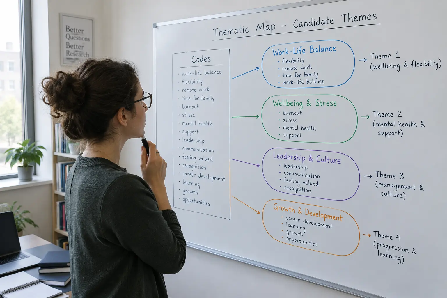 A researcher reviewing a thematic map with codes grouped into candidate themes on a whiteboard