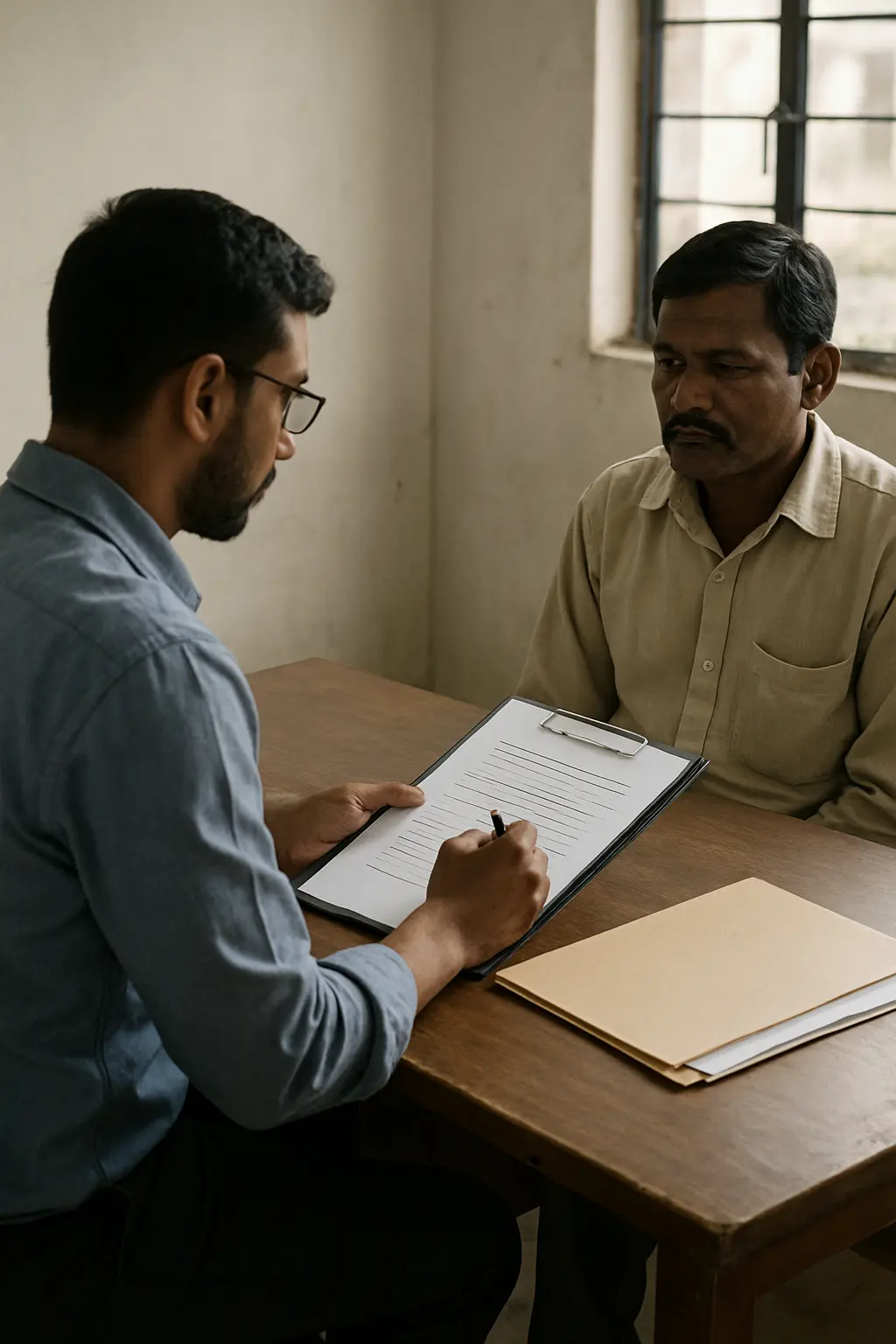 A postgraduate researcher administering a paper questionnaire to a respondent in an institutional room