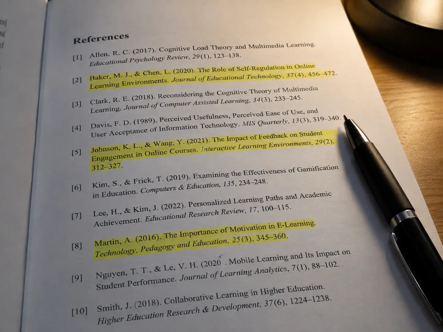 Close-up of a research paper citation list with highlighted references on a desk