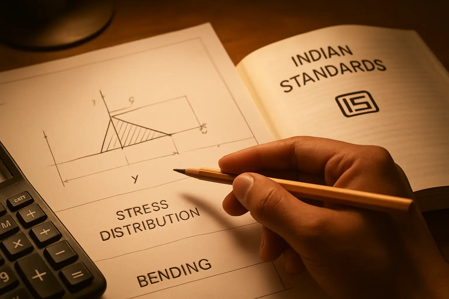 Close-up of a hand pointing to a stress diagram with an IS code reference book beside it