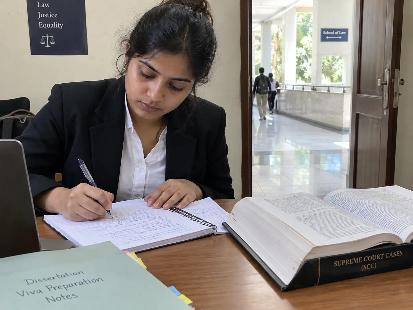 A law student preparing notes before a dissertation viva defence