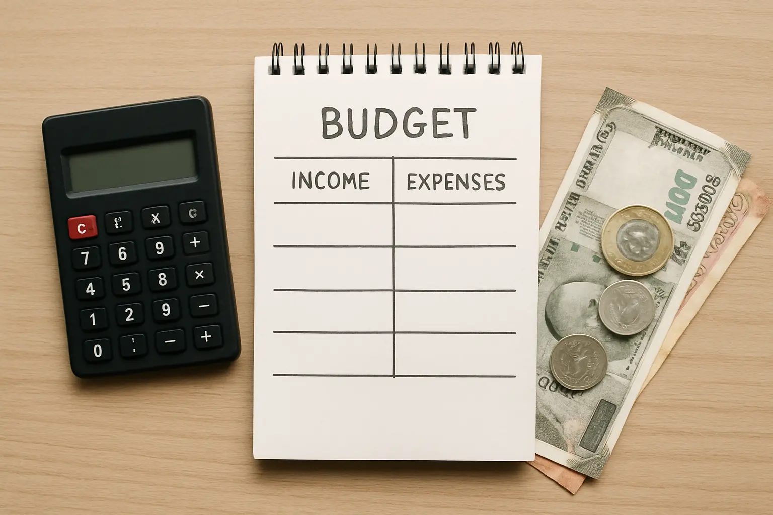 An illustrative dissertation budget table on a notepad beside a calculator and rupee notes, flat-lay photography