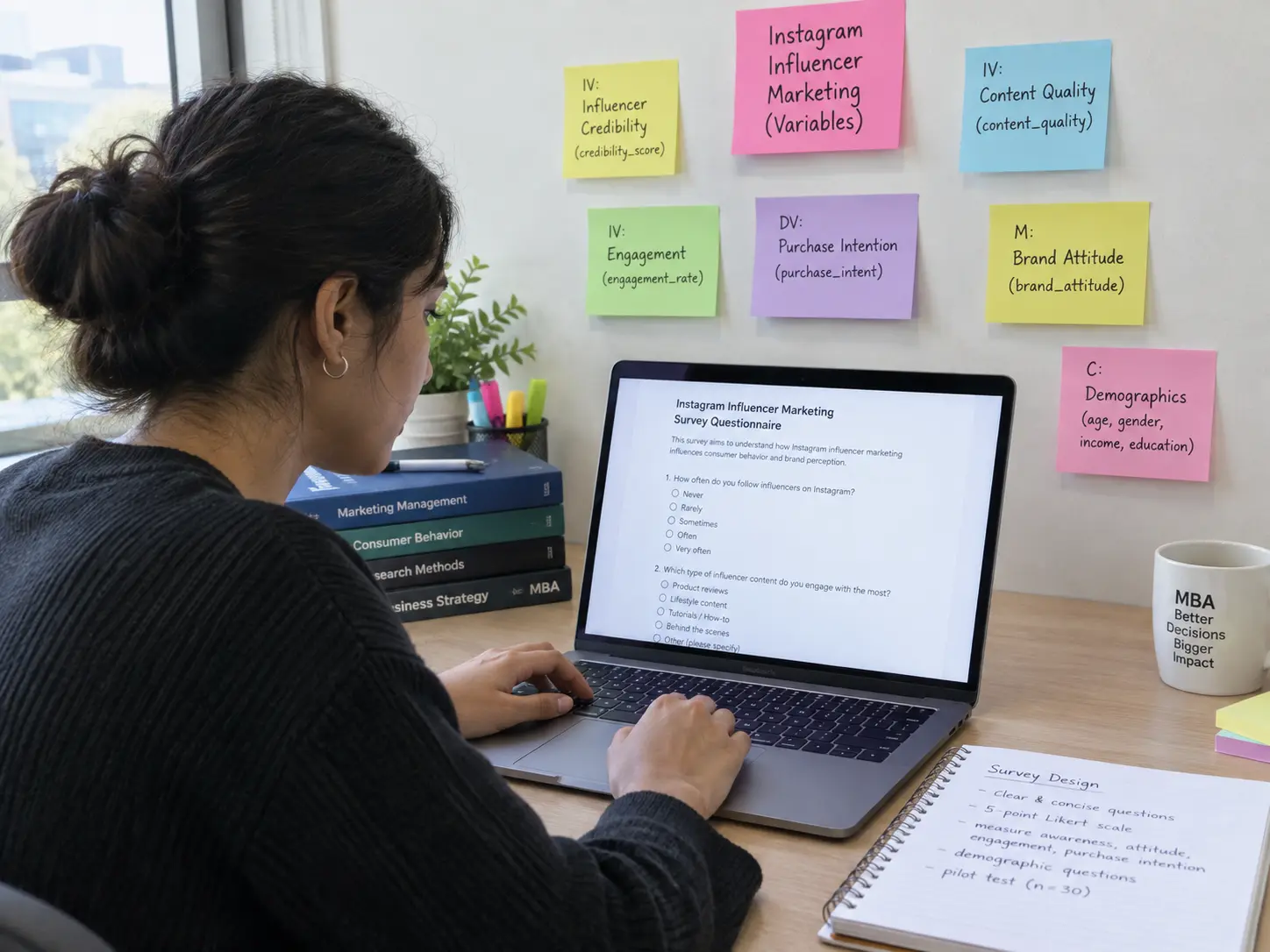 An MBA student writing a survey questionnaire about Instagram influencer marketing on a laptop