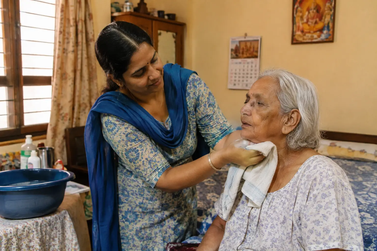 A family caregiver assisting a patient with self-care activities at home, illustrating a dependent-care relationship