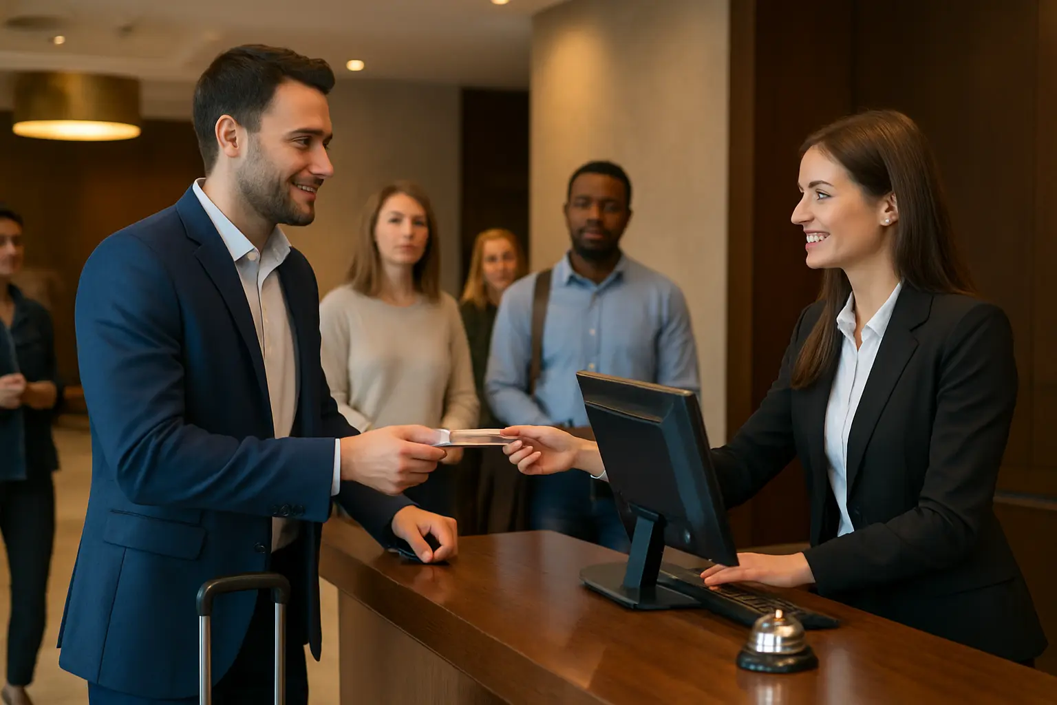 A hotel front office desk with a staff member and a guest, representing an operational observation that could become an analytical chapter