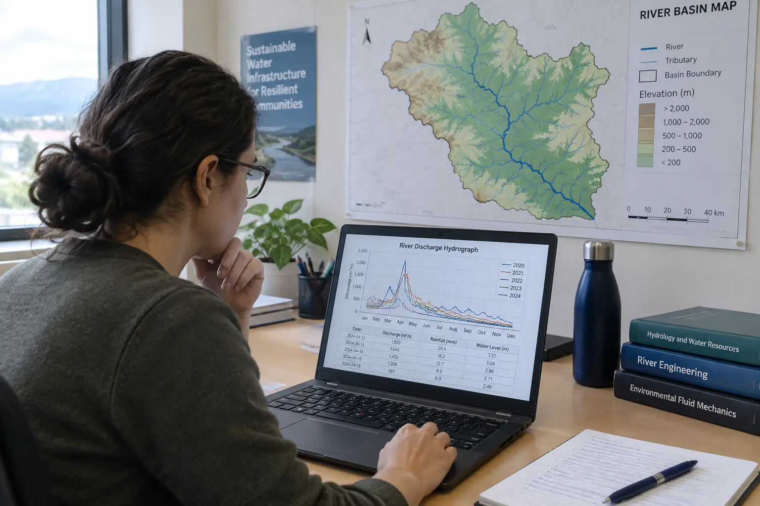 A civil engineering researcher reviewing a river discharge hydrological data chart from the Central Water Commission