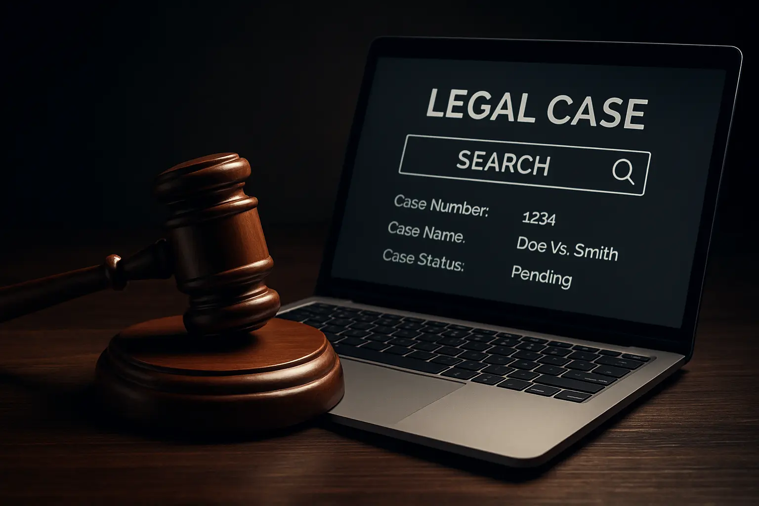 A gavel resting on a laptop keyboard displaying a case law search interface, symbolising AI-assisted legal research