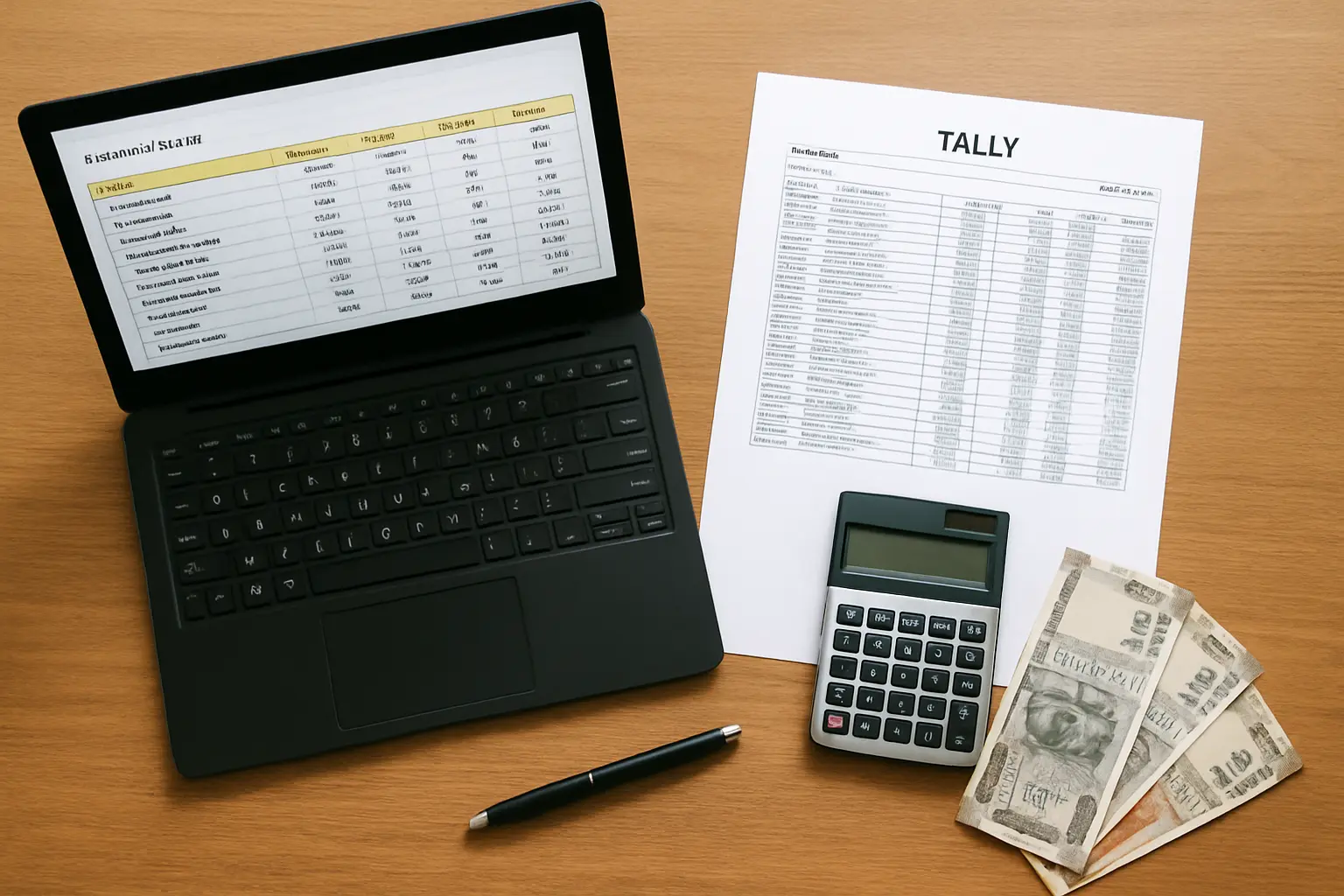 A laptop spreadsheet of financial ratios beside a printed Tally accounting export, Commerce dissertation data analysis